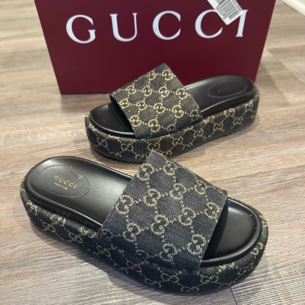 Gucci GG Monogram Canvas Denim Platform Slide Sandals - Picture 1 of 15